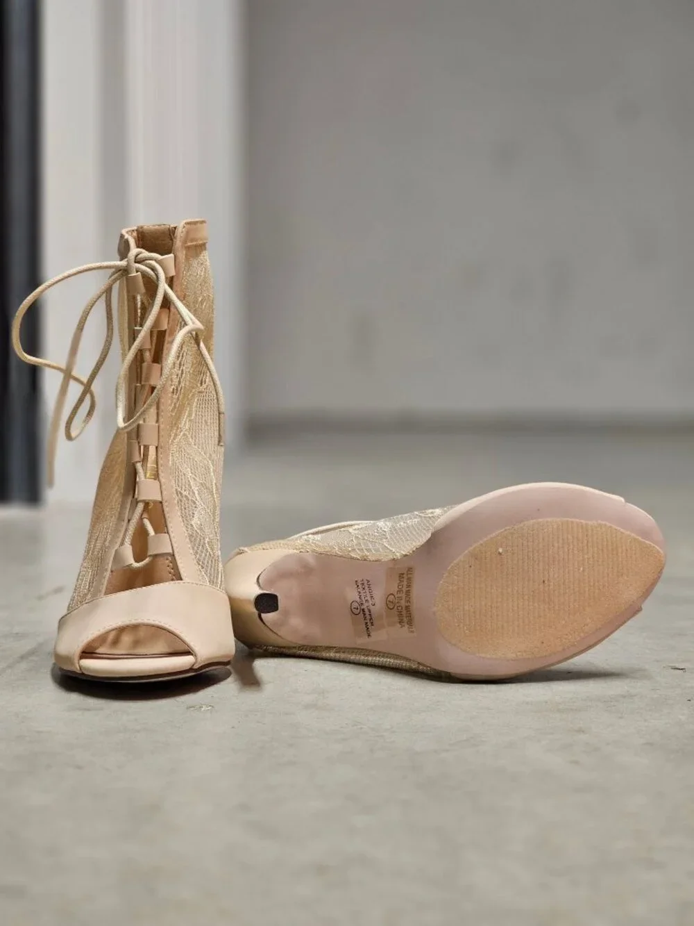 Peep Toe Lace-Up Stiletto Booties With Sheer Lace Panels Nude Beige High Heel An - Picture 6 of 12